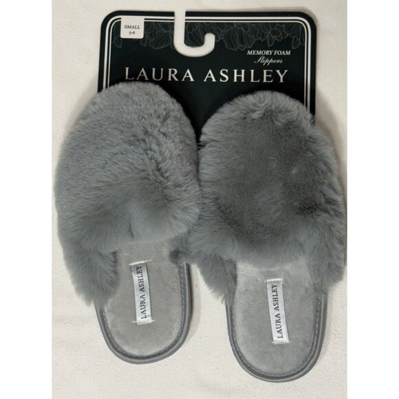 Laura Ashley Grey Faux Fur Memory Foam Slide Slippers Women's Small (5-6)  NWT - Picture 1 of 5